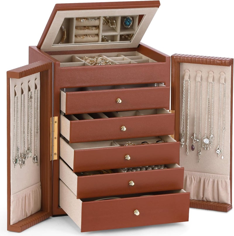 Dajasan Large Jewelry Organizer Box, Jewelry Boxes for Women Girls, 6-Tier Jewelry Storage Organizer with Mirror for Necklace Ring Bracelet Watch, Gift Idea (Brown) - Image 1
